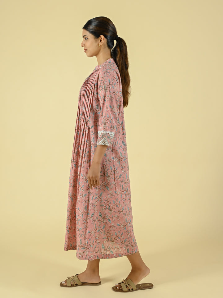Hand block printed cotton gathered dress