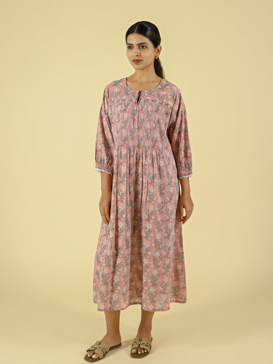 Pink handblock printed cotton dress