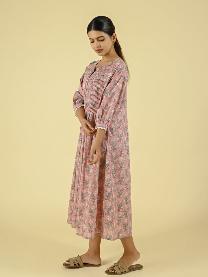 Pink handblock printed cotton dress