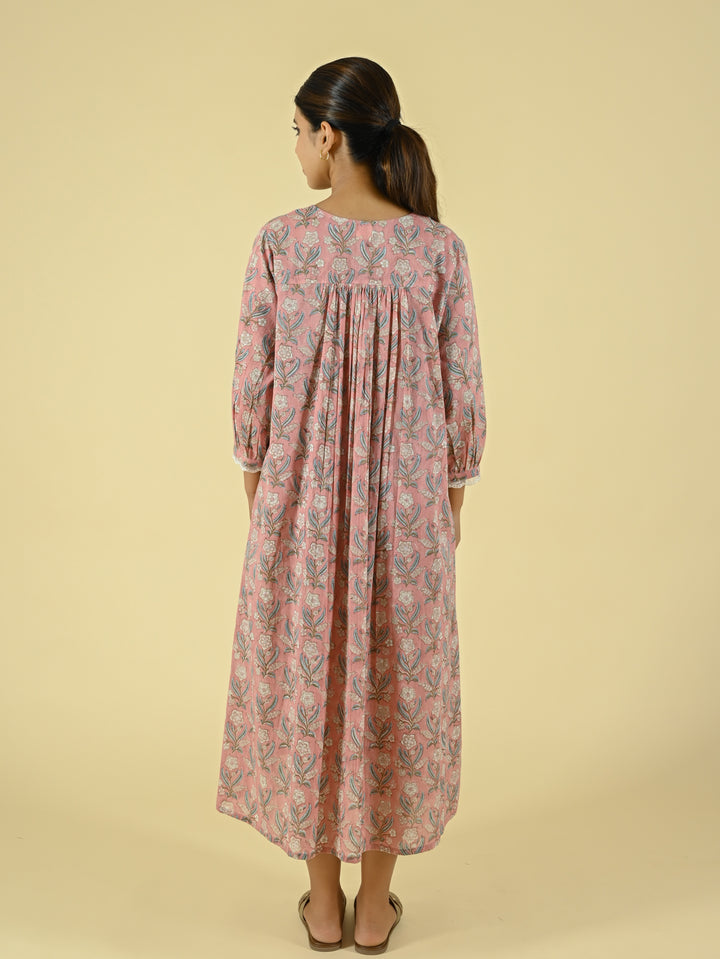 Pink handblock printed cotton dress
